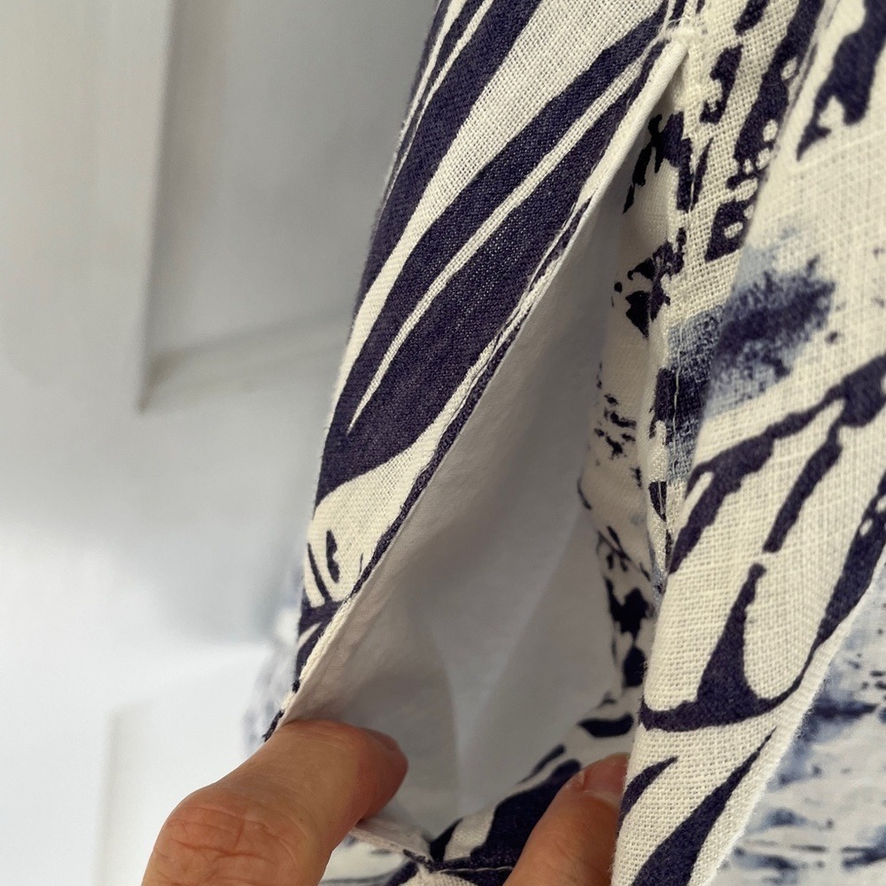 100% Linen Dress Women's Medium Sleeveless Pockets Print Blue White Beach Flare - Picture 6 of 16